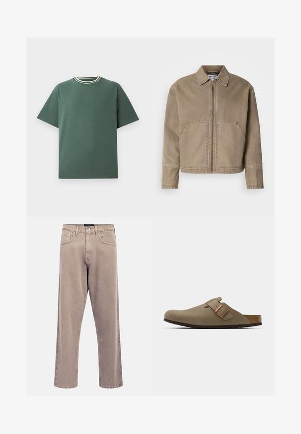 Kaki bomullsjacka med dragkedja framtill, spetsig krage, två stora framfickor och sömmar med stickningar på kanter och sömmar.; Grön bomullströja med korta ärmar och ribbad rundhalsning som har vita och mörkgröna ränder. Rak nederkant, minimalistisk design.; Ljusa beige raka jeans med en lätt blekt textur, design med fem fickor och stängning med metallknapp. Framträdande sömnadsdetaljer.; Bruna träklackar med en slät, matt yta. Har en framträdande bronsspänne på sidan. Korkfotbädd och gummisula för komfort.