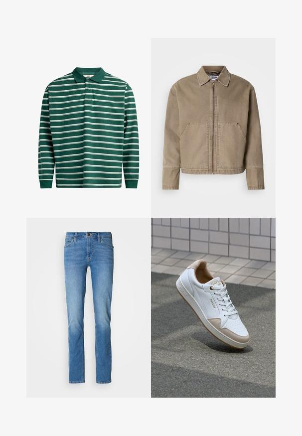 Beige Baumwolljacke mit Reißverschluss, spitzem Kragen, zwei großen frontalen Taschen und genähten Details an den Kanten und Nähten.; Langarm-Polohemd in Dunkelgrün mit weißen horizontalen Streifen. Verfügt über einen klassischen Kragen, eine Drei-Knopf-Leiste und gerippte Bündchen.; Hellblaue Jeans aus Denim mit geradem Schnitt, ausgestattet mit dem traditionellen Fünf-Taschen-Design, Messingbeschlägen und dezentem Verblassen an den Oberschenkeln.; Weiße Leder-Sneaker mit beigen Wildlederakzenten, flachen Schnürsenkeln, perforierter Zehenbox und goldenen Logo-Details auf der Zunge und der Seite.