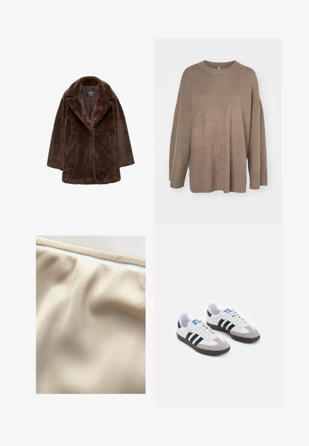 Cappotto in pelliccia sintetica marrone con ampio rever, chiusura a un bottone e vestibilità rilassata. Morbida texture e silhouette leggermente oversize.; Maglione marrone oversize con orlo a coste, maniche ampie e collo rotondo. Texture morbida, design minimalista senza motivi.; Tessuto beige con una superficie liscia, caratterizzato da pieghe sottili e una zip bianca in contrasto lungo il bordo superiore.; Scarpe sportive con tomaia in pelle bianca, punta in suede grigia e tre strisce nere. Presentano un logo blu sulla linguetta e una suola in gomma testurizzata.