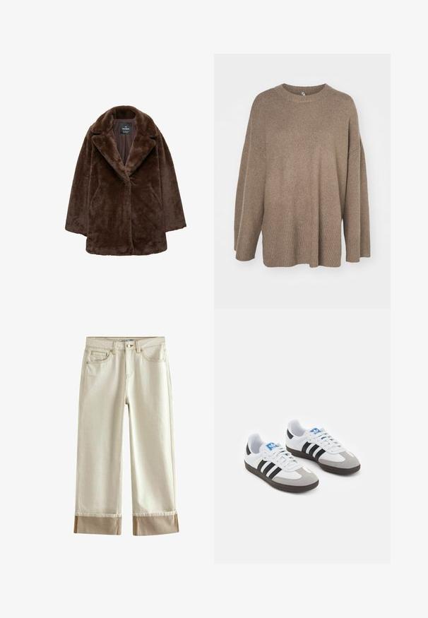 Bruine nep bontjas met een brede revers, enkele knoopsluiting en een ontspannen pasvorm. Zachte textuur en licht oversized silhouet.; Bruine oversized trui met een geribbelde onderkant, wijde mouwen en een ronde hals. Zachte textuur, minimalistisch ontwerp zonder patronen.; Next CROPPED TURN UP - Flared Jeans - ecru white; Sportschoenen met een witte leren bovenkant, grijze suède neus en drie zwarte strepen. Bevat een blauw logo op de tong en een gestructureerde rubberen zool.
