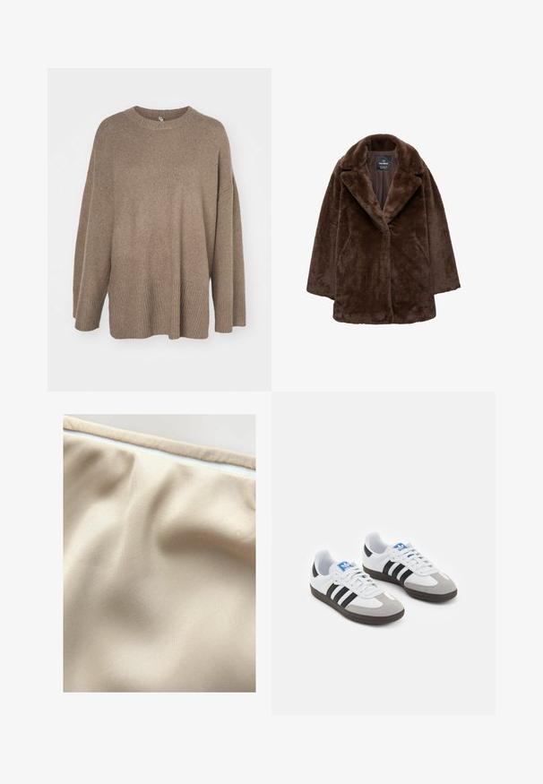 Brun faux fur frakke med bredt revers, enkelt knaplukning og afslappet pasform. Blød tekstur og let oversized silhuet.; Brun oversized sweater med ribbet kant, brede ærmer og rund hals. Blød tekstur, minimalistisk design uden mønstre.; Beige stof med en glat tekstur, der har subtile folder og en kontrasterende hvid lynlås langs den øverste kant.; Sportsko med en overdel i hvid læder, grå ruskind på tåen og tre sorte striber. Har et blåt logo på tungen og en struktureret gummisål.