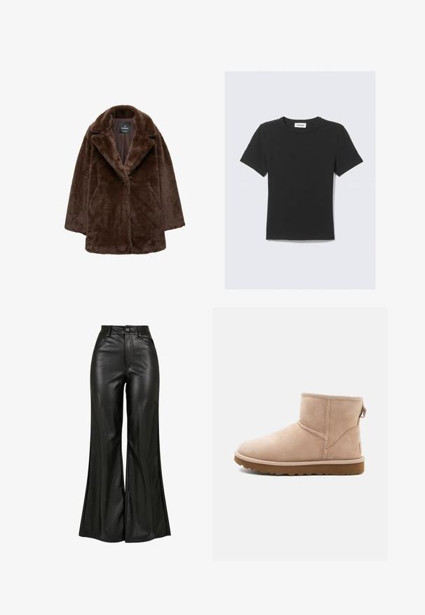 Brun faux fur frakke med bredt revers, enkelt knaplukning og afslappet pasform. Blød tekstur og let oversized silhuet.; Sort T-shirt med korte ærmer lavet af blød bomuld, med rund halsudskæring og almindelig pasform, uden synlige mønstre eller detaljer.; Sorte læderbukser med flared design og en glat tekstur, der har høj talje, knaplukning og forreste lommer. Bred ben design og poleret finish.; Beige ruskindsankelstøvle med rund tå, synlige sting og en tekstureret brun gummisål. Har en træksløjfe på bagsiden.