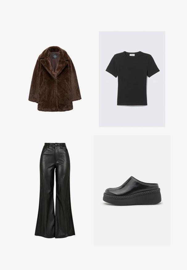 Brązowy płaszcz z sztucznego futra z szerokim kołnierzem, zapinany na pojedynczy guzik, o luźnym kroju. Miękka tekstura i lekko oversize'owy fason.; Czarna, krótkorękawowa koszulka wykonana z miękkiej bawełny, z okrągłym dekoltem i regularnym krojem, bez widocznych wzorów ani ozdób.; Czarne skórzane spodnie dzwony o gładkiej fakturze, z wysokim stanem, zapięciem na guzik i przednimi kieszeniami. Szerokie nogawki i wypolerowane wykończenie.; Czarne, błyszczące klapki na platformie z zaokrąglonym noskiem, wygiętym w górę cholewką i kontrastującym białym przeszyciem wzdłuż krawędzi podeszwy.