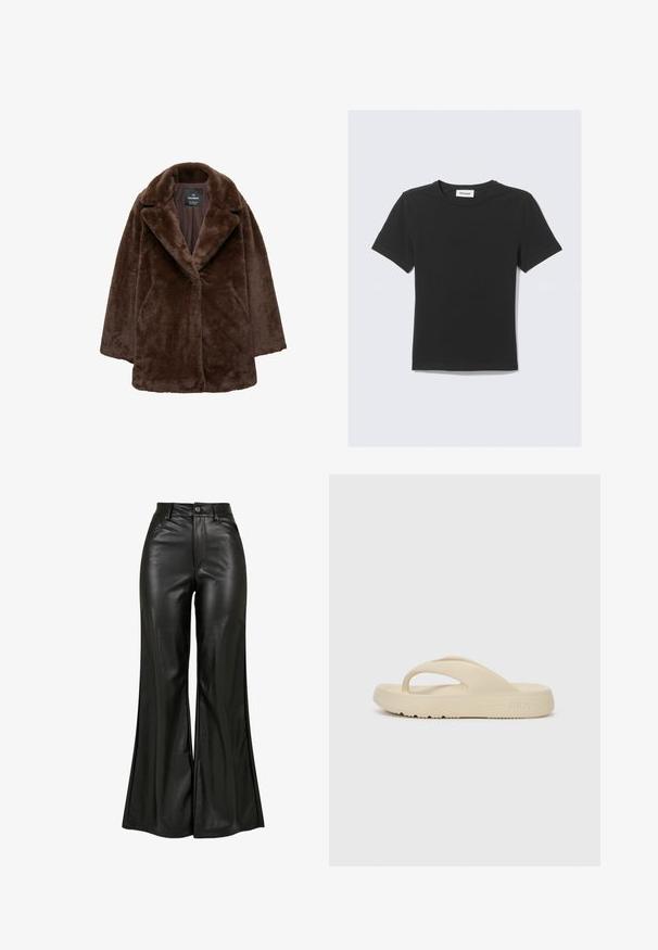 Bruine nep bontjas met een brede revers, enkele knoopsluiting en een ontspannen pasvorm. Zachte textuur en licht oversized silhouet.; Zwart T-shirt met korte mouwen van zacht katoen, voorzien van een ronde hals en een normale pasvorm, zonder zichtbare patronen of accenten.; Zwarte leren flared broeken met een gladde textuur, voorzien van een hoge taille, knoopsluiting en voorzakken. Wijde pijpen en een gepolijste afwerking.; Beige flip-flop sandaal gemaakt van rubber, met een enkele teenpost en een dikke zool met een profiel. Gemarkeerd met het Fila-logo.