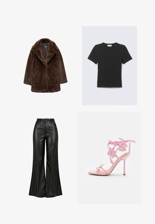 Hnědý kabát z umělé kožešiny s širokým límcem, zapínáním na jeden knoflík a uvolněným střihem. Měkká textura a mírně oversized silueta.; Černé tričko s krátkým rukávem z měkké bavlny, s kulatým výstřihem a klasickým střihem, bez viditelných vzorů či zdobení.; Černé kožené rozšířené kalhoty se hladkou texturou, vysokým pasem, zapínáním na knoflík a předními kapsami. Široký střih nohavic a leštěný povrch.; Růžová sandálová obuv na vysokém podpatku s akcenty motýlů, vyrobená z hladkého materiálu. Má tenké pásky a štíhlý podpatek.