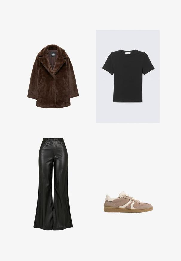 Cappotto in pelliccia sintetica marrone con ampio rever, chiusura a un bottone e vestibilità rilassata. Morbida texture e silhouette leggermente oversize.; Maglietta nera a maniche corte in morbido cotone, con scollo rotondo e vestibilità regolare, senza motivi o dettagli visibili.; Pantaloni neri in pelle sintetica svasati con una finitura liscia, caratterizzati da vita alta, chiusura con bottone e tasche frontali. Design a gamba ampia e finitura lucida.; Sneaker con tomaia in suede beige con accenti crema, punta rotonda, chiusura con lacci e suola in gomma testurizzata per una migliore aderenza.