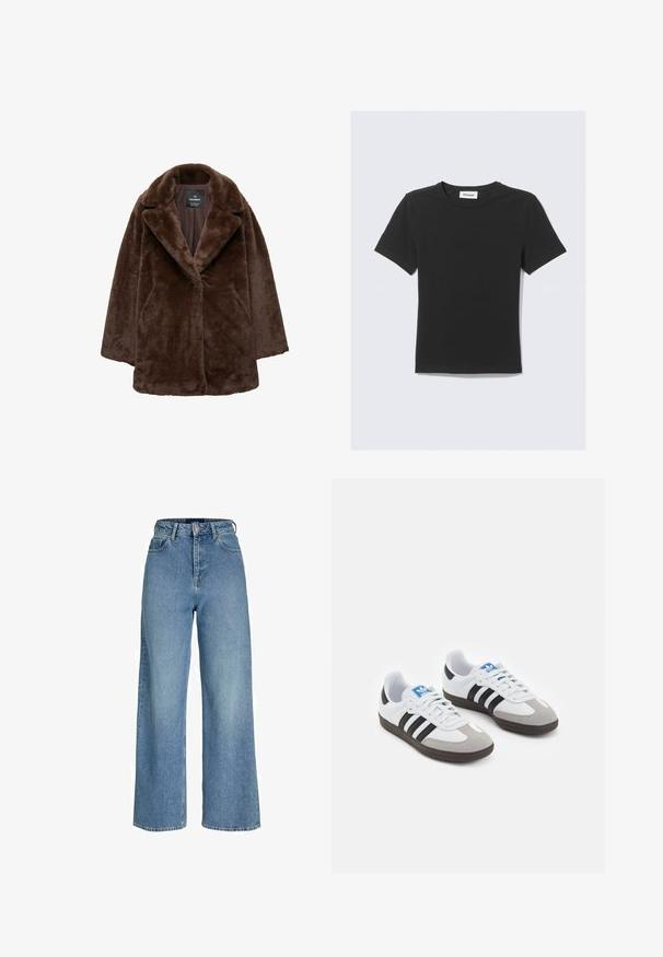 Ruskea keinoturkiskuori leveällä kauluksella, yksittäisellä napilla ja rennolla istuvuudella. Pehmeä pinta ja hieman ylihoikka siluetti.; Musta lyhythihainen T-paita, valmistettu pehmeästä puuvillasta, jossa on pyöreä pääntie ja normaali istuvuus, ilman näkyviä kuvioita tai korostuksia.; Vaaleansinisiä korkeavyötäröisiä farkkuja, joissa on leveä lahje, valmistettu denimistä. Ominaisuuksiin kuuluu edessä nappilukitus ja hienovarainen kuluminen.; Urheilukengät, joissa on valkoinen nahkainen päällinen, harmaa mokkanokka ja kolme mustaa raitaa. Ominaisuuksina sininen logo kielekkeessä ja kuvioitu kumipohja.