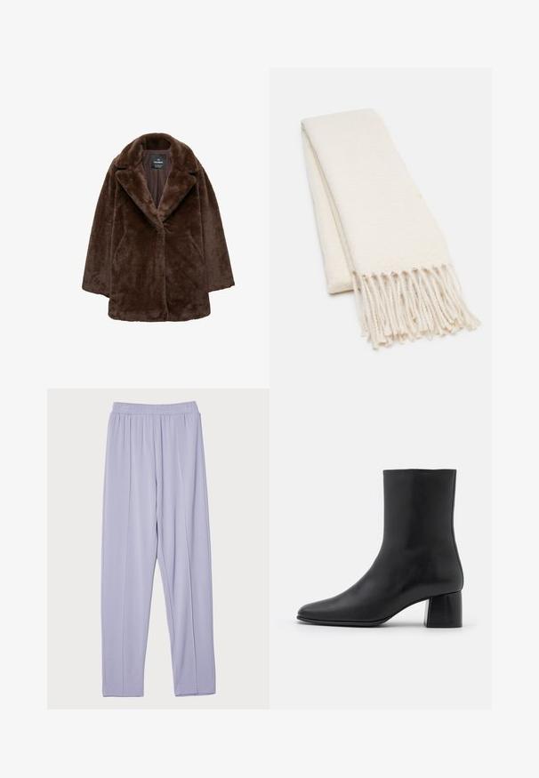 Brown faux fur coat with a wide lapel, single button closure, and relaxed fit. Soft texture and slightly oversized silhouette.; Black short-sleeve T-shirt made of soft cotton, featuring a crew neckline and a regular fit, with no visible patterns or accents.; Light purple, elastic-waist, loose-fit trousers with a smooth texture and side pleats. Designed for comfort and ease of movement.; Black leather ankle boot with a pointed toe and a chunky square heel. Smooth texture with a seamless design and minimalistic stitching.; White scarf with a textured pattern, featuring fringed ends. Material appears soft and lightweight, folded neatly for display.; Black tote bag made of textured material, featuring two long handles and a simple, minimalistic design with no visible hardware.