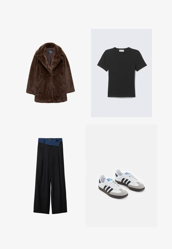 Palton din blană sintetică maro, cu rever lat, închidere cu un singur nasture și croială relaxată. Textură moale și siluetă ușor supradimensionată.; Tricou negru cu mâneci scurte, realizat din bumbac moale, cu guler rotund și croială regulară, fără modele sau accente vizibile.; Pantaloni negri cu picioare ample, cu dungi verticale, și un brâu din denim albastru contrastant, dotat cu două nasturi. Textură moale a materialului.; Încălțăminte sport cu un superior din piele albă, vârf din suede gri și trei dungi negre. Prezintă un logo albastru pe limbă și o talpă din cauciuc texturat.