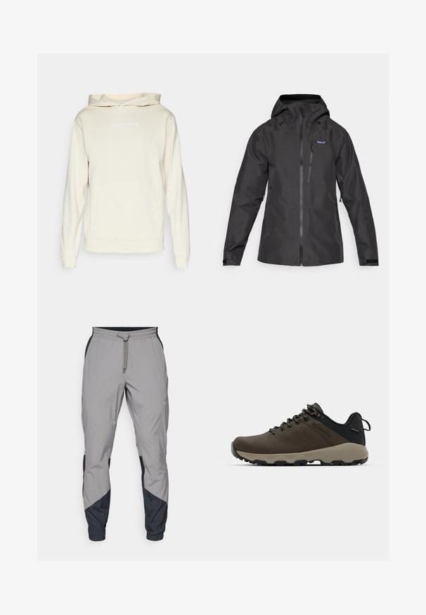 Chaqueta impermeable negra con capucha, que cuenta con un cierre frontal, bolsillos laterales y un parche con el logo en la parte superior izquierda del pecho. Textura suave.; Sudadera color crema hecha de tela suave, con un bolsillo frontal, puños acanalados y "HELly HANSEN" bordado en blanco en el pecho.; Pantalones deportivos ligeros y grises con acentos negros. Cintura elástica, cierre con cordón, diseño de pierna ajustada y bolsillos laterales.; Zapatillas impermeables marrones con parte superior texturizada, acentos perforados, soporte para el talón negro y suela de goma gris. Los cordones tienen extremos metálicos.