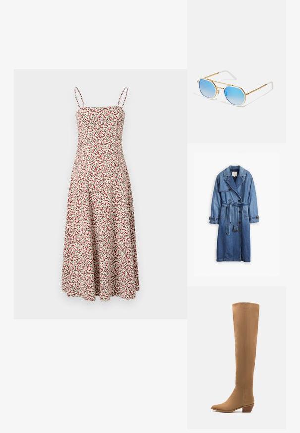 Niebieski płaszcz dżinsowy w średnim odcieniu, z podwójnym zapięciem, paskiem w talii oraz zapięciami na guziki z klasycznym kołnierzem.; Abercrombie & Fitch - Sukienka letnia; Kozaki sięgające do kolan w jasnym odcieniu, wykonane z gładkiego materiału, z ostrym noskiem i niskim, grubym obcasem. Prosty design, bez widocznych wzorów czy akcentów.; Ray-Ban UNISEX złoty; Wielokolorowa torba na ramię z różowymi, niebieskimi i żółtymi panelami, z złotymi akcentami i odpinanym pomarańczowym etui na karty. Teksturowana powierzchnia.