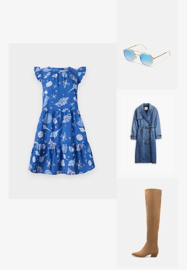 Traperični kaput srednje plave nijanse, s dvostrukim kopčanjem, pojasom u struku i dugmadima na manžetama, s klasičnom kragnom.; Plava pamučna haljina s kratkim lepršavim rukavima, koja ima slojevitu suknju i bijele uzorke morskih tema, uključujući školjke i zvjezdice.; Botte smeštem u visini koljena u bež boji, izrađene od glatkog materijala s špicastim vrhom i niskim složenim potplatom. Jednostavan dizajn, bez vidljivih uzoraka ili akcenta.; Ray-Ban UNISEX - Sunčane naočale - gold-coloured