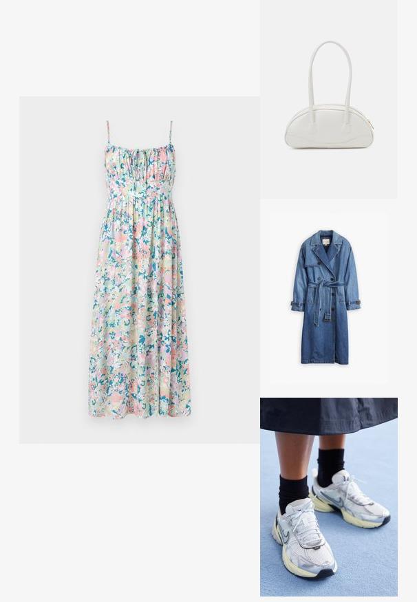 Denim-Trenchcoat in einem mittleren Blauton mit einem doppelt knöpfbaren Design, tailliertem Gürtel und geknöpften Manschetten sowie einem klassischen Kragen.; Blumen-Maxi-Kleid mit verstellbaren Spaghetti-Trägern. Verfügt über Pastellfarben, Rüschen an der Brust und eine fließende Silhouette. Leichtes Material.; Weiße und silberne Nike-Sneaker aus Mesh-Gewebe, mit reflektierenden Akzenten und einer beigen Sohle. Getragen mit schwarzen Socken und stehend auf einer blauen Fläche.; Even&Odd Handtasche - off-white