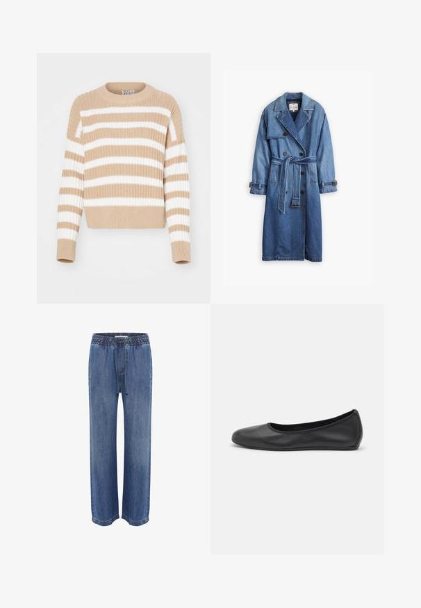 Denim pārgaismojuma mētis vidēji zilā krāsā, ar diviem slāņiem, jostu viduklī un pogājamām aprocēm, kā arī klasisku apkakli.; Beidzis un balts svītrots adīts džemperis ar ribotu tekstūru, apaļu apkakli un īsām piedurknēm. Mīksts materiāls, brīvs piegriezums, ikdienas dizains.; Zilas džinsa bikses ar elastīgu jostasvietu un auklu, ar brīvu piegriezumu un platām kājām, gludu tekstūru un izšūtām apmalēm.; Melna ādas baleta kurpe ar noapaļotu purngalu, gludu tekstūru, minimālu šuvju detalizāciju un elastīgu zoles dizainu.