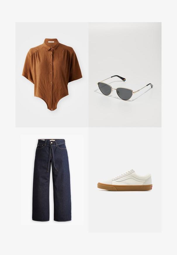 Cappotto trench in denim di un blu medio, caratterizzato da un design doppiopetto, vita con cintura e polsini abbottonati con colletto classico.; Camicia marrone a maniche corte con bottoni, realizzata in tessuto testurizzato, orlo curvo e colletto classico. Presenta quattro bottoni con accenti scuri.; Jeans in denim scuro a gamba larga con vita alta, dotati di un laccio, cinque tasche e dettagli di cucitura a contrasto.; Sneakers bianchi a basse con suola in gomma, punta tonda, chiusura con lacci e dettaglio in pelle laterale.; Occhiali da sole con montatura in metallo dorato e lenti scure, forma a occhio di gatto, e aste nere con un accento arcobaleno su un lato.; Borsa a mano multicolore con pannelli rosa, blu e giallo, dotata di minuteria dorata e un portacard arancione removibile. Design della superficie testurizzato.