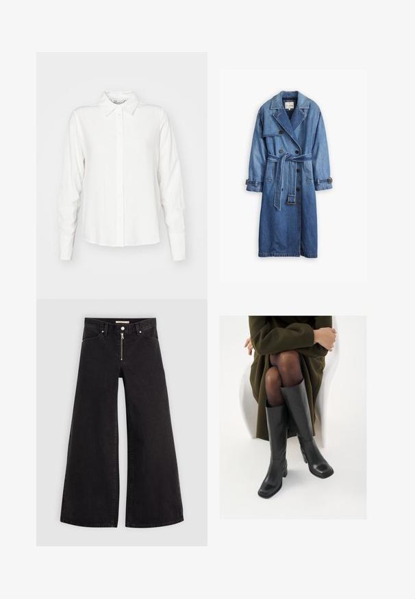 Denim trench coat in a medium blue shade, featuring a double-breasted design, belted waist, and buttoned cuffs with a classic collar.; White, long-sleeve button-up shirt with a collar, made from smooth fabric; features a straight cut and subtle texture.; Wide-leg jeans in black denim with a zippered front, five-pocket design, and subtle stitching details. Smooth texture and casual style.; Knee-high black leather boots with a squared toe and block heel, shown with a model seated in an olive green coat. Smooth texture, minimal detailing.