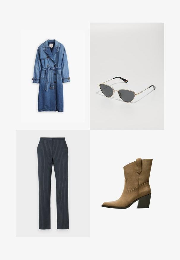Niebieski płaszcz dżinsowy w średnim odcieniu, z podwójnym zapięciem, paskiem w talii oraz zapięciami na guziki z klasycznym kołnierzem.; Biały top bez rękawów, prążkowana tekstura, okrągły dekolt, dopasowany krój, subtelne logo na metce wewnątrz obszaru kołnierza.; Ciemnoniebieskie spodnie z pionowymi paskami, dopasowany krój, gładka tekstura, proste nogawki i standardowy pas.; Brązowe zamszowe kowbojki z ostrym nosem, z średniej wysokości bloczkowym obcasem i prostym przeszyciem wzdłuż szwów bocznych.; Złote okulary przeciwsłoneczne w metalowej oprawie z ciemnymi soczewkami, w kształcie kociego oka, z czarnymi zausznikami ozdobionymi tęczowym akcentem z jednej strony.