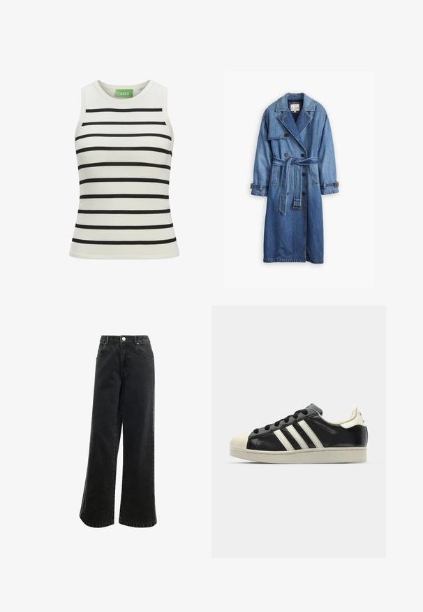 Cappotto trench in denim di un blu medio, caratterizzato da un design doppiopetto, vita con cintura e polsini abbottonati con colletto classico.; Canotta bianca con righe orizzontali nere, caratterizzata da un design aderente, scollatura rotonda e una texture a maglia liscia. Etichetta con nome del brand.; Pantaloni in denim nero a vita alta e gamba larga, con chiusura a bottone, cinque tasche e un piccolo logo ricamato sul davanti. Tessuto testurizzato.; Sneaker in pelle nera con strisce bianche, punta in gomma, lacci neri e suola di colore crema. Texture liscia con finitura brillante.