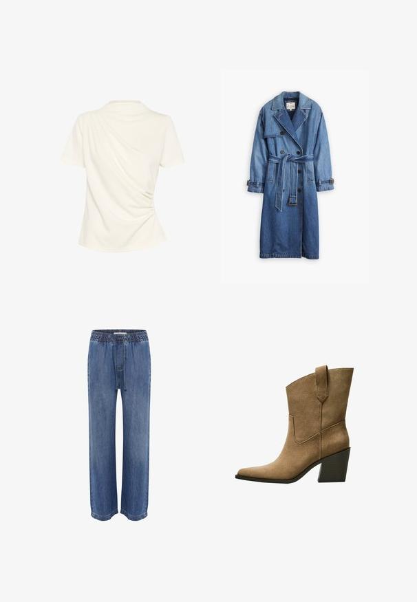 Denim-Trenchcoat in einem mittleren Blauton mit einem doppelt knöpfbaren Design, tailliertem Gürtel und geknöpften Manschetten sowie einem klassischen Kragen.; Weißes Kurzarmoberteil mit einem drapierten Design und gerafften Akzenten auf einer Seite sowie einer glatten Textur, geeignet für Freizeitmode.; Blaue Jeans mit elastischem Bund und Kordelzug, im lässigen Schnitt mit weitem Bein, glatter Textur und gesteppten Säumen.; Braune Wildleder-Stiefel im Cowboy-Stil mit einer spitzen Zehe, die einen mittelhohen Blockabsatz und einfache Nähte entlang der Seitennaht aufweisen.