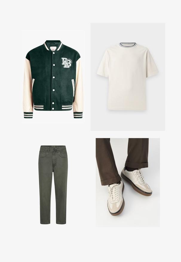 Giacca varsity verde scuro con maniche crema, polsini e colletto a coste. La parte anteriore presenta un logo con lettere bianche, bottoni a pressione e tasche laterali.; T-shirt in cotone color crema con maniche corte, caratterizzato da un collo rotondo decorato da righe blu navy e bianche. Tessuto liscio, vestibilità comoda.; Chinos verdi in cotone con silhouette dritta, dotati di passanti per cintura, tasche frontali e chiusura a bottoni. Tessuto liscio con cuciture minime.; Sneakers beige con una parte anteriore in suede testurizzato, lati in pelle liscia e una suola in gomma marrone. Inclusi lacci e dettagli di cucitura leggera.