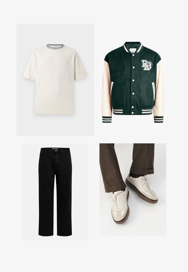 Tmavozelená varsity bunda s krémovými rukávmi, rebrovanými manžetami a golierom. Na prednej strane sa nachádza logo s bielym písmom, cvoky a bočné vrecká.; Krémové bavlnené tričko s krátkymi rukávmi, s okrúhlym výstrihom doplneným námorníckymi a bielymi pruhmi. Hladká textúra, voľný strih.; Čierne džínsové nohavice so strihom rovného nohu, klasickým dizajnom s piatimi vreckami a gombíkovým zapínaním v páse. Hladká textúra a odolná tkanina.; Béžové tenisky s textúrovanou zamšovou prednou časťou, hladkými koženými bočnými stranami a hnusou gumovou podrážkou. Obsahujú šnúrky a svetlé stehy ako detail.