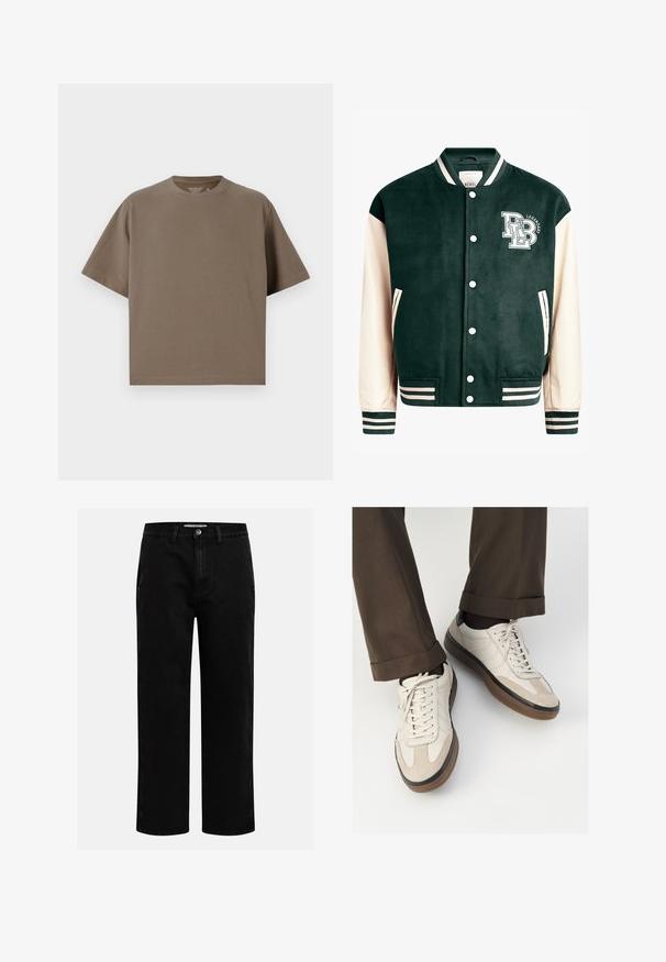 Temno zelena univerzitetna jakna s kremastimi rokavi, rebrastimi manšetami in ovratnikom. Spredaj je logotip z belim napisom, z gumbi za zapenjanje in stranskimi žepi.; Svetlo rjava majica s kratkimi rokavi, narejena iz mehkega materiala, z okroglim izrezom. Ima sproščen kroj in preprosto obrobo.; Črne denim hlače s ravnim krojem, klasičnim pet-takošnjim dizajnom in gumbom za zapiranje v pasu. Gladka tekstura in trpežna tkanina.; Bež teniske z teksturiranim prednjim delom iz usnja, gladkimi kožnimi stranicami in rjavo gumijasto podplatom. Vključene vezalke in svetla šivana detajla.