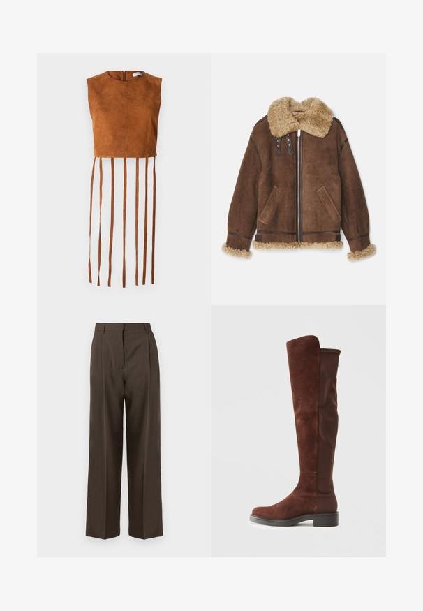 Bally Lederjacke - midbrown/beige; Braunes Wildleder-Crop-Top mit Rundhalsausschnitt und einem Reißverschluss auf der Rückseite. Es hat lange, vertikale Fransenverzierungen entlang des Saums.; Braune weite Hosen mit einer glatten Textur, featuring einen hohen Bund, vorne Falten und einem taillierten Design. Keine sichtbaren Taschen oder Verzierungen.; Hohes braunes Wildleder- und Stoffboot mit niedrigem schwarzem Absatz und abgerundeter Zehenform, seitlich auf einem schlichten weißen Hintergrund abgebildet.