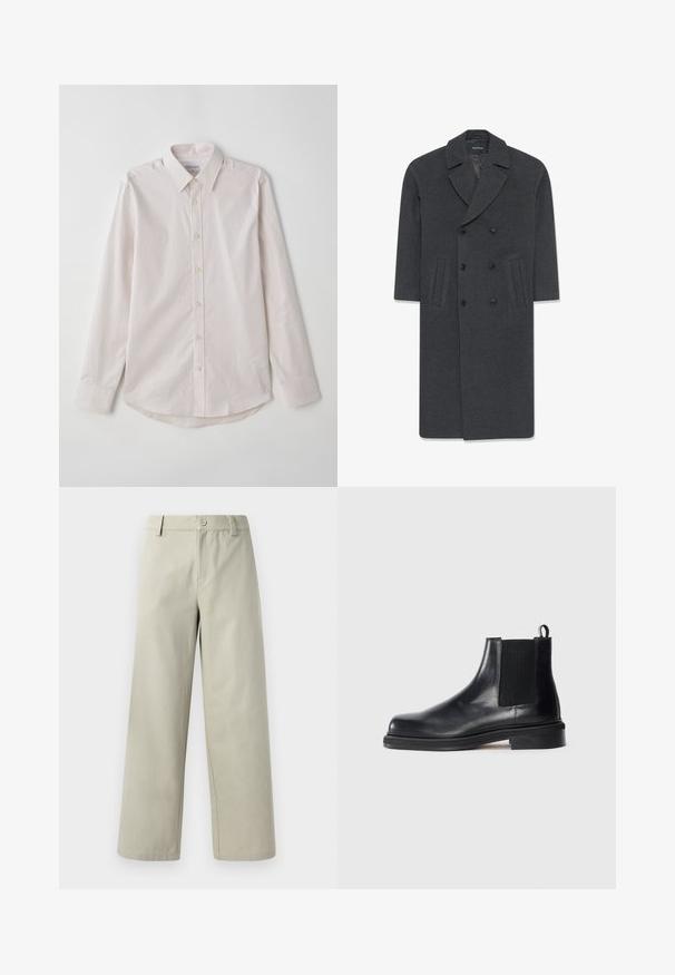 Grau wollener Doppelreiher-Mantel mit einem Reverskragen, zwei vorderen Taschen und Knopfverschluss. Glatte Textur und maßgeschneiderte Design.; Helles rosa langärmliges Hemd mit Knopfleiste, verbreiteter Kragen, vertikalen Streifen und abgerundetem Saum. Verfügt über beigefarbene Knöpfe und eine glatte Textur.; Han Kjøbenhavn WIDE LEG - Stoffhose - light grey; Schwarze Leder Chelsea-Stiefel mit elastischem Seitenpanel, runder Zehenpartie, Zugschlaufe an der Ferse und niedrigem, gestapeltem Absatz auf einfarbigem Hintergrund.