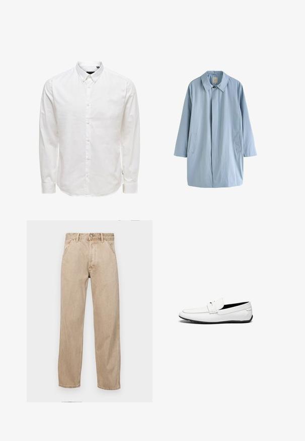 Lichtblauwe lange jas van soepel materiaal. Kenmerkt zich door een kraag, sluiting met knopen aan de voorkant en twee zijzakken. Minimalistisch ontwerp met rechte snit.; Witte lange mouw knopsluiting shirt met een kraag, met een gladde textuur en zes knopen aan de voorkant. Getailleerde pasvorm met manchet mouwen.; Beige denim jeans met een recht gesneden ontwerp, voorzien van voorzakken, een metalen knoopsluiting en een subtiele textuur.; Witte leren loafers met een gladde afwerking, voorzien van een gestikte accent, een ronde neus en een zwarte rubberen zool voor grip.
