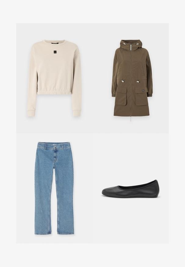 Barna parka dzseki kapucnival, cipzáras záródással, két elülső zsebbel, állítható húzózsinórral és rugalmas mandzsettával. Strukturált szövetből készült.; Rövidített bézs pulóver kerek nyakkivágással, hosszú ujjakkal és rakott aljjal; elöl egy kis fekete logó található.; Világoskék egyenes lábú farmernadrág gombos és cipzáras záródással, övhurkokkal és alap varrással fehér háttérrel.; Fekete bőr balettcipő lekerekített orral, sima tekstúrával, minimális varrással és rugalmas talp kialakítással.