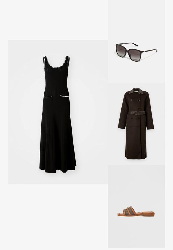 Długi, ciemnobrązowy płaszcz dwurzędowy z czarnymi guzikami, szerokim skórzanym kołnierzem i pasującym paskiem zapiętym w talii.; Czarna dzianinowa sukienka z dopasowanym korpusem i rozkloszowanym dołem. Posiada białe koralikowe akcenty wokół dekoltu oraz kieszenie. Teksturowany materiał.; Brązowa sandałka na płaskim obcasie z dwoma szerokimi paskami z tkaniny w ciemnym wzorze oraz złotym akcentem z metalowymi elementami.; Czarne prostokątne okulary przeciwsłoneczne z gradientowymi soczewkami, plastikową oprawą i metalowym logotypem na zauszniku. Klasyczny design z gładką fakturą.; Czarna skórzana torebka o zaokrąglonym kształcie, z krótkim paskiem, centralnym złotym wykończeniem i gładką fakturą. Brak widocznych wzorów czy akcentów.