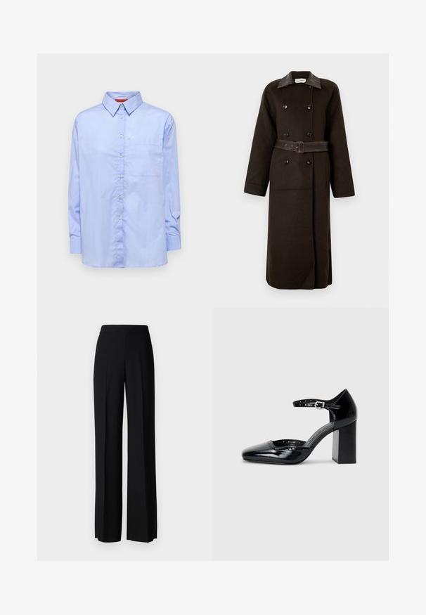 Pikk tumepruun topeltkinnitatud mantel mustade nuppudega, laia nahkristiga ja sobiva vööga, mis on kinnitatud vöökohtadele.; Helesinises pikkade varrukatega särk, millel on nööpidega krae, eesmine tasku ja sile kangas. Kümned nööbid esiääl.; Mustad laiad püksid mustas värvitoonis, sujuva tekstuuri ja kõrge vöökoha ning keskmiste voldikutega. Ilma nähtavate mustrite või tarvikute detailideta.; Mustad lakknahk kingad kõrge kontsaga, ruudukujulise varbaga, pahkluu rihmaga ja paksu kontsaga. Sisaldab perforatsioonidega detaile ääres.