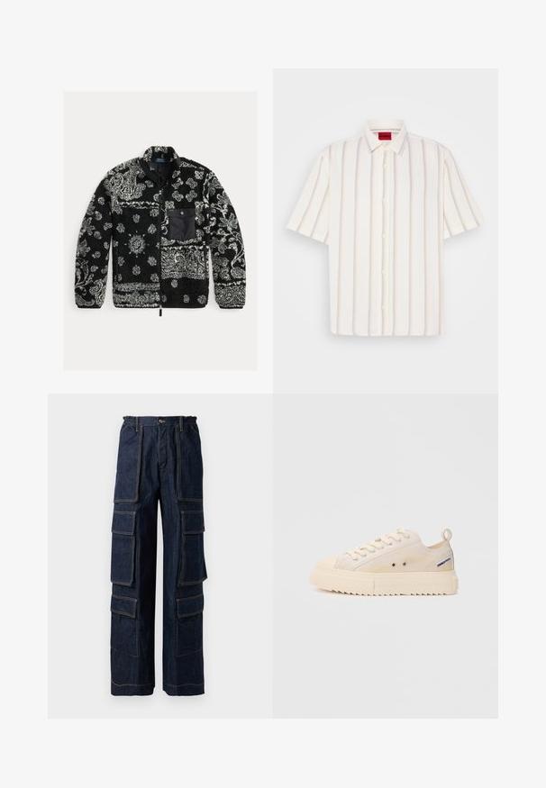 Jachetă din fleece cu un model alb-negru și gri, cu fermoar frontale, material texturat și un buzunar pe piept de culoare neagră. Prezintă un model de spirale și puncte.; Cămașă cu mânecă scurtă, cu nasturi, de culoare albă, cu dungi verticale în gri deschis și nuanțe pastelate, având un guler tradițional și o textură moale.; Pantaloni cargo din denim navy cu multiple buzunare mari, talie elastică și cusături contrastante de culoare portocalie. Design cu picioare largi pentru o potrivire confortabilă.; Tenisi bej din pânză, cu vârful rotund, design cu șireturi și talpă din cauciuc texturat. Prezintă mici orificii de ventilație și o bucată de material la călcâi.
