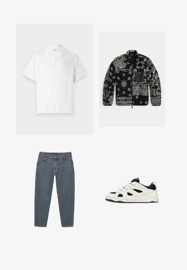 Giacca in pile a fantasia nera e grigia con zip frontale, tessuto texture e tasca sul petto nera. Presenta motivi a vortice e a punti.; Camicetta bianca a maniche corte realizzata in tessuto liscio, con colletto e apertura frontale con bottoni, composta da cinque bottoni.; Jeans in denim blu scuro con vestibilità comoda, design a cinque tasche, chiusura con bottone e orlo leggermente sfilacciato. Materiale resistente con una texture sottile.; Scarpe da ginnastica bianche e nere con suola testurizzata, caratterizzate da intagli sui lati e lacci, e una schiena imbottita per il supporto.