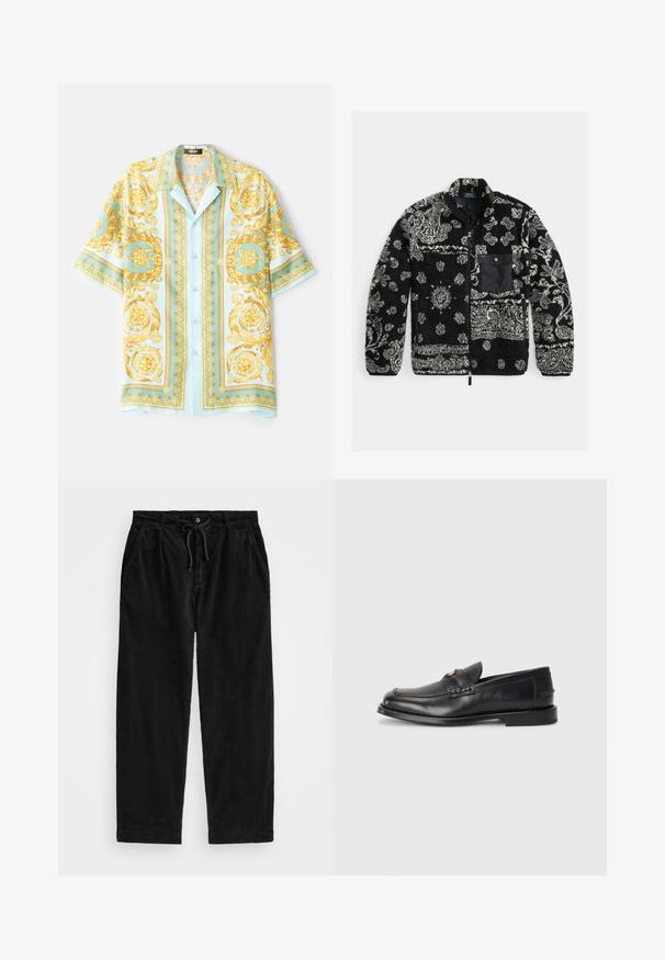 Zwarte en grijze fleece jack met een ritssluiting aan de voorkant, gestructureerde stof en een zwarte borstzak. Bevat spiraal- en stippenpatronen.; Lichtblauw kortemouwen shirt met sierlijke gouden barokpatronen, knopen aan de voorkant en een relaxte fit. Soepele stof met een glanzende textuur.; Zwarte corduroy broek met een relaxte pasvorm, voorzien van een elastische tailleband met een koord, en zijzakken. De stof vertoont een ribbelstructuur.; Zwarte leren instappers met een ronde neus, gestikte details en een kleine gouden accent aan de voorkant. De zool is plat en discreet.