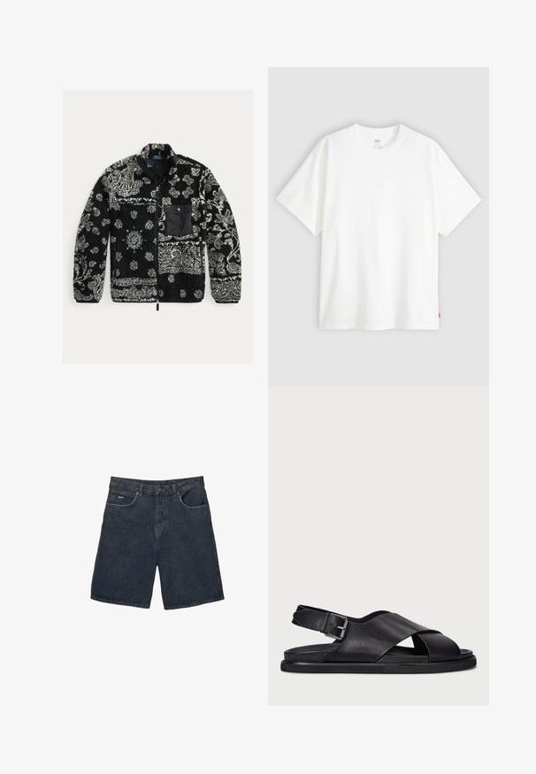 Fekete és szürke mintás bolyhos dzseki cipzárral elöl, texturált anyagból, fekete mellzsebbel. Forgó és pöttyös mintázattal rendelkezik.; Fehér, rövid ujjú pamut póló, kerek nyakkivágással. Az elülső részen finom, domború logós részlet található, valamint egy piros cimke az alsó szegélyen.; Sötétkék farmer sort, klasszikus öt zsebes kialakítással, övhurkokkal és gombos zárással; textúrált anyag, enyhe kopással.; Polo Ralph Lauren ZANE LEATHER SANDAL - Szandálok - black