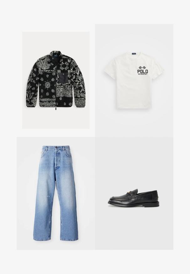 Černá a šedá vzorovaná fleecová bunda se zipem vpředu, texturovaný materiál a černá náprsní kapsa. Obsahuje vířící a tečkované vzory.; Bílý bavlněný tričko s kulatým výstřihem, s černým logem "Polo Motorsport" a zkříženými šachovnicovými vlajkami na levé hrudi.; Světle modré džíny s širokými nohavicemi a se sepraným povrchem, s knoflíkovým zapínáním, poutky na opasek a mírným opotřebením v oblasti kolene.; Černé kožené loafers mají zaoblenou špičku, šité detaily a malý zlatý akcent na přední straně. Podešev je plochá a nenápadná.