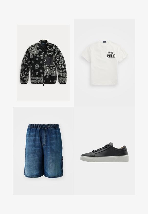 Crna i siva flis jakna s uzorkom, s patentnim zatvaračem sprijeda, teksturirani materijal i crna prsna džep. Sadrži zavojite i točkastne uzorke.; Bijela pamučna majica s okruglim izrezom, sa crnim logom "Polo Motorsport" i unakrsnim kockastim zastavicama na lijevoj strani prsnog dijela.; Traperice kratke hlače s elastičnim pojasom, izrezane iznad koljena, u srednje plavom pranju, s blagim izbljeđivanjem i bočnim džepovima.; Crne kožne tenisice s glatkom teksturom, okruglim vrhom i crnim čipkastim vezicama. Imaju debeo bijeli gumeni potplat s suptilnim geometrijskim naglascima.