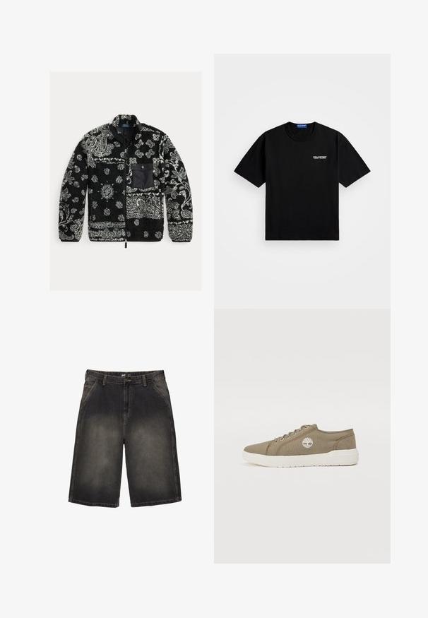 Czarna i szara polarowa kurtka w wzory z zapięciem na zamek, teksturowana tkanina i czarna kieszeń na piersi. Zawiera wirujące i kropkowane wzory.; Czarna bawełniana koszulka z okrągłym dekoltem i krótkimi rękawami. Posiada logo "POLO SPORT" na lewej piersi w kolorze białym. Standardowy krój.; Szorty dżinsowe w ciemnoszarym odcieniu, z pięcioma kieszeniami, szlufkami na pasek i kontrastowym przeszyciem. Tkanina pokazuje subtelne blaknięcie.; Trampki z płótna w oliwkowej zieleni z białymi akcentami, na sznurówki, z okrągłym noskiem i logo przedstawiającym drzewo po boku. Płaska gumowa podeszwa.