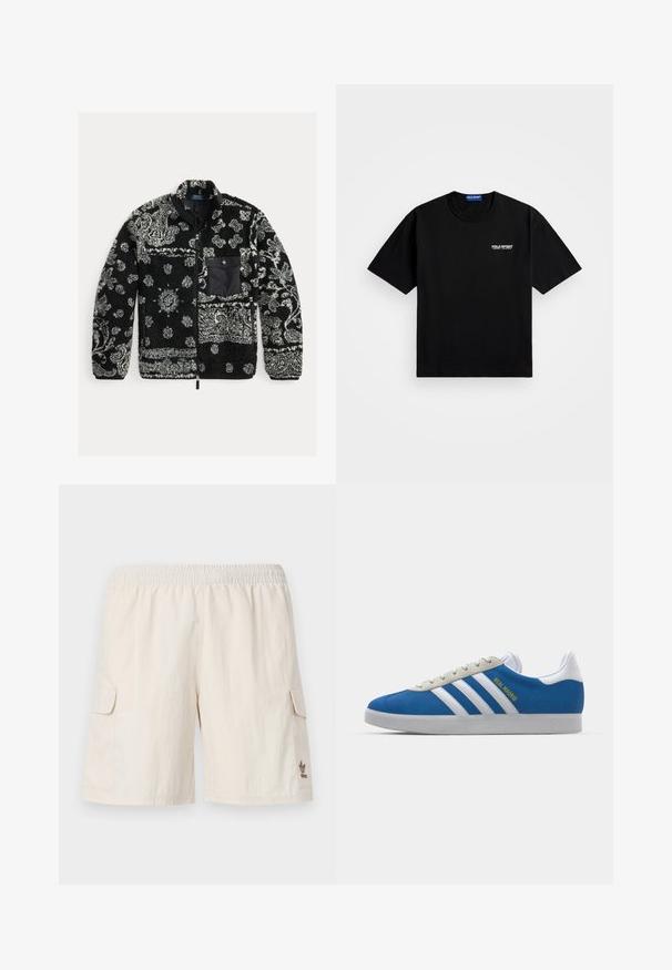 Casaco de fleece em padrões preto e cinza, com fecho éclair na frente, tecido texturizado e um bolso no peito em preto. Apresenta padrões em espirais e pontos.; T-shirt de algodão preto com decote redondo e mangas curtas. Apresenta o logótipo "POLO SPORT" no lado esquerdo do peito em branco. Ajuste standard.; Calções cargo bege com cintura elástica, dois bolsos laterais e um pequeno logótipo no canto inferior direito. Tecido suave e leve.; adidas Originals ADIDAS GAZELLE SHOES - Botas de futebol de salão - real madrid/bluebird/footwear white/crew yellow