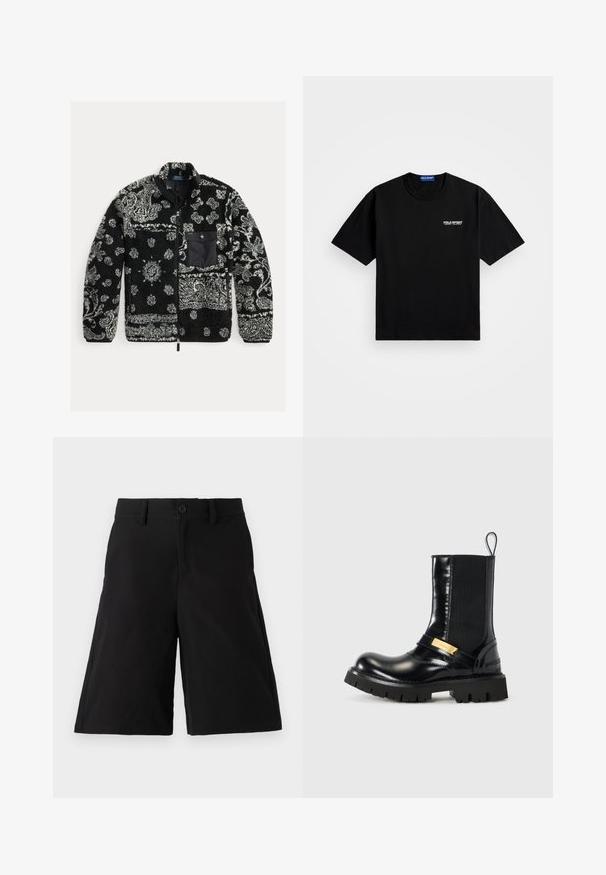 Črna in siva flis jakna z zadrgo spredaj, teksturirano tkanino in črnim žepom na prsih. Ima valovite in pike vzorce.; Črna bombažna majica s krožnim izrezom in kratkimi rokavi. Na levi strani prsnega dela je belo logo "POLO SPORT". Standardna velikost.; Črne kratke hlače iz mešanice bombaža, z ravnim krojem, sprednjim gumbom, stranskimi žepi in gladko teksturo.; Črne usnjene gležnjarje z elastičnimi stranskimi paneli, z zlatim naglasnim trakom in debelim črnim gumijastim podplatom. Gladka površina z zaobljenim prstom.