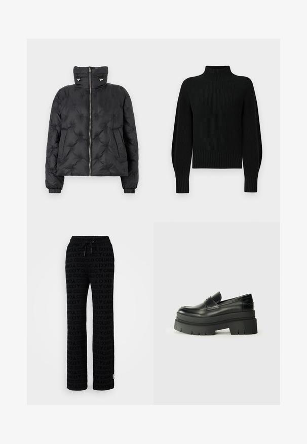 Schwarze Daunenjacke mit hochgeschlossenem Kragen, Reißverschluss vorne, elastischen Bündchen und einem gesteppten Design mit Ton-in-Ton-Nähten sowie seitlichen Taschen.; Schwarzer Strickpullover mit hohem Kragen, strukturiertem Rippmuster und Raglanärmeln. Der Körper ist leicht verkürzt und hat einen dicken, gerippten Saum.; Schwarze Sweatpants mit einem sich wiederholenden Logo-Muster, elastischem Bund mit Kordelzug und lockerer Passform für zusätzlichen Komfort.; Schwarze Lederloafer mit einer klobigen Plateausohle. Abgerundete Spitze, Nahtdetail auf der Vorderseite und dezente Nähte. Flache, strukturierte Außensohle.