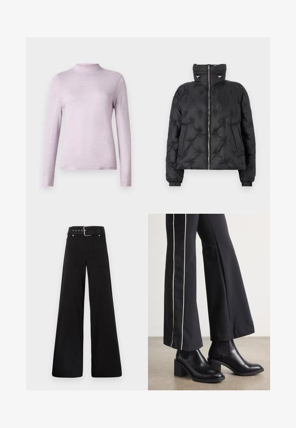 Černá péřová bunda s vysokým límcem, předním zipem, elastickými manžetami a prošívaným designem s tónovým prošitím a postranními kapsami.; Světle levandulový dlouhý rukáv rolák vyrobený z měkké, texturované tkaniny; přiléhavý střih s vysokým, těsným límcem.; Černé široké kalhoty vyrobené z bavlny, s vysokým pasem, velkými bočními kapsami a opaskem s kovovými akcenty v barvě stříbra.; Černé kožené kotníkové boty na blokovém podpatku, s elastickými bočními panely. V kombinaci s černými kalhotami, které mají bílý boční pruh.
