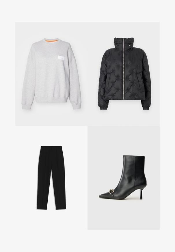 Black puffer jacket with a high collar, zip front, elastic cuffs, and a quilted design featuring tonal stitching and side pockets.; Mads Nørgaard ATLI - Sweatshirt - light grey; Black trousers with a straight fit, featuring double pleats, a smooth texture, and a classic waistband design. No visible hardware or accents.; Black leather ankle boot with pointed toe, slim mid-height heel, and silver buckle detail on side against plain background.