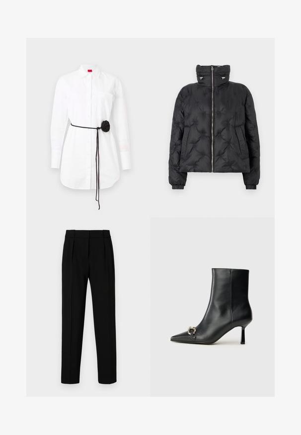 Crni pufasti kaput s visokim ovratnikom, zatvoren na zip, elastičnim rukavima i prešanim dizajnom koji se odlikuje toniranim šavovima i bočnim džepovima.; Bijela košulja s dugim rukavima, džepom na prsima i crnim tkanim pojasom s detaljem u obliku ruže. Pamuk s glatkom teksturom.; Crne krojene hlače ravnog kroja, s plisiranim prednjim dijelom, poliranim materijalom i srednjim pojasom. Nema vidljivih džepova ili metalnih detalja.; Crne kožne gležnjače s nazupčanim prstom, uskim srednje visokim potpeticama i detaljem srebrne kopče sa strane na jedinstvenoj pozadini.