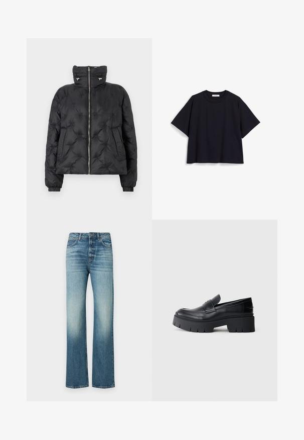 Must must jacket kõrge kraega, lukuga ees, elastsete mansettide ja tikkimisdisainiga, millel on tooniõmblused ja küljetaskud.; Tumesinise lühikese varrukaga T-särk, valmistatud pehmest puuvillast, omades paigaldamata lõiget, ümmargust kaelust ja minimalismi. Ei mingeid nähtavaid mustreid ega aksessuaare.; Heledad sinine teksapüksid otsejalaga disainiga, pleekinud viimistlusega, viie tasku stiiliga ning metalne nööp suletuses vööl.; Must jaotusega platvormi loafer, millel on sile nahaülemine, dekoratiivne rihm ja paks tekstureeritud tald valgel taustal.