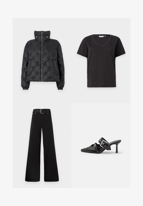 Svart jakke med høy krage, glidelås foran, elastiske mansjetter, og quiltet design med ton-i-ton sømmer og sidelommer.; Svart bomull T-skjorte med V-hals og korte ermer. Enkel design med vanlig passform og uten mønstre eller detaljer.; Sorte vidde bukser laget av bomull, med høy midje, store sidelommer og belte med sølv detaljer.; Svarte høye hælsandaler med spiss tå, laget av glatt lær. Har et bredt ankelbelte med firkantet sølvspenne og nagler.