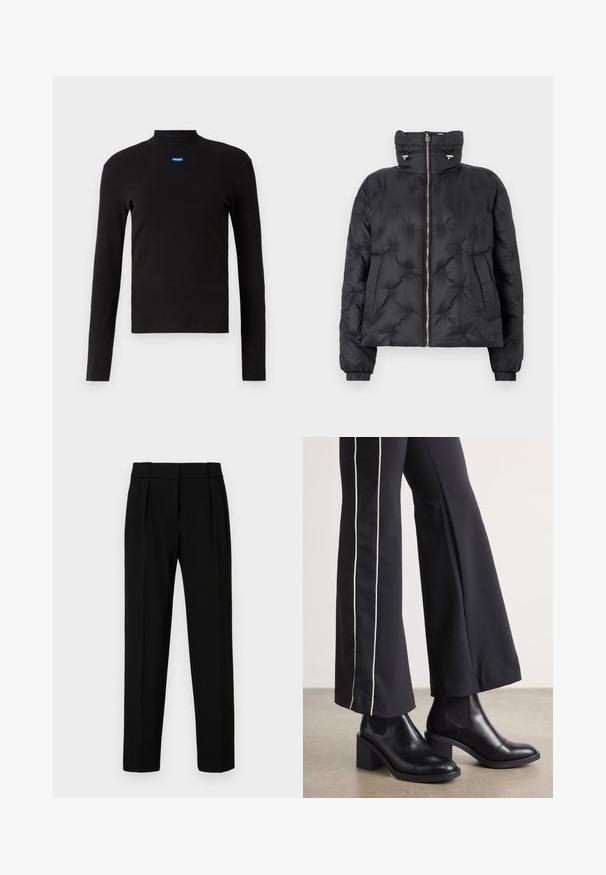 Černá péřová bunda s vysokým límcem, předním zipem, elastickými manžetami a prošívaným designem s tónovým prošitím a postranními kapsami.; HUGO EASY - Top s dlouhým rukávem - schwarz; Černé oblekové kalhoty se straight fit střihem, předními záhyby, lesklým materiálem a středním pasem. Bez viditelných kapes nebo kovových detailů.; Černé kožené kotníkové boty na blokovém podpatku, s elastickými bočními panely. V kombinaci s černými kalhotami, které mají bílý boční pruh.