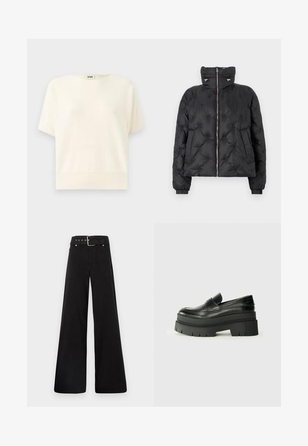 Fekete steppelt dzseki magas gallérral, cipzáros elülső résszel, elasztikus mandzsettákkal és tonális varrással készült steppelt mintázattal, oldalsó zsebekkel.; Tejfehér, rövid ujjú, laza fazonú felső, bordázott szegéllyel és kerek nyakkivágással; puha, könnyű anyagból készült.; Fekete, bő szárú nadrág, pamutból készült, magas derékkal, nagy oldalsó zsebekkel és ezüst színű hardverelemekkel ellátott övvel.; Fekete bőrcipők vastag platform talppal. Lekerekített orr, elülső varrás részletek és finom varrási díszítések. Lapos, texturált talp.