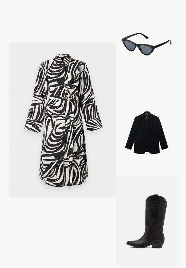 Svart kavaj tillverkad av glatt tyg, med enkel knappstängning, snedskurna slag och två framfickor.; Svartvit abstrakt zebramönstrad skjortklänning med lång ärm, krage, knappar fram, bröstficka och matchande tygbälte med dubbelringsspänne.; Svarta lädercowboyboots med spetsig tå, låg staplad klack och intrikat präglat bladmönster på skaftet. Ögla upptill för enkel påtagning.; Svart kattögon-solglasögon med mörkgrå linser, slimmad plastbåge, spetsiga hörn och raka skalmar. Ingen synlig hårdvara eller accenter.; Burgunderfärgad läderhandväska med en böjd form, guldiga detaljer på spännena och dragkedjestängning. Utrustad med ett avtagbart axelband.